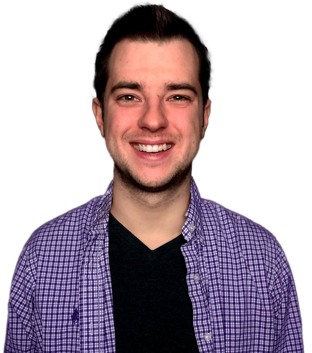 A portrait photo of Matthew Kosloski in a purple plaid shirt